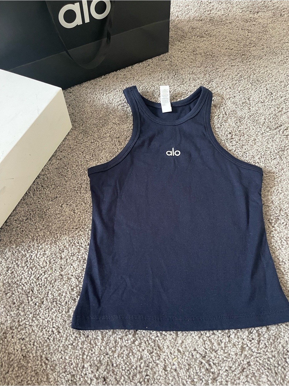 ALO Yoga Navy Ribbed Racerback Crop Tank Top - Picture 3 of 4
